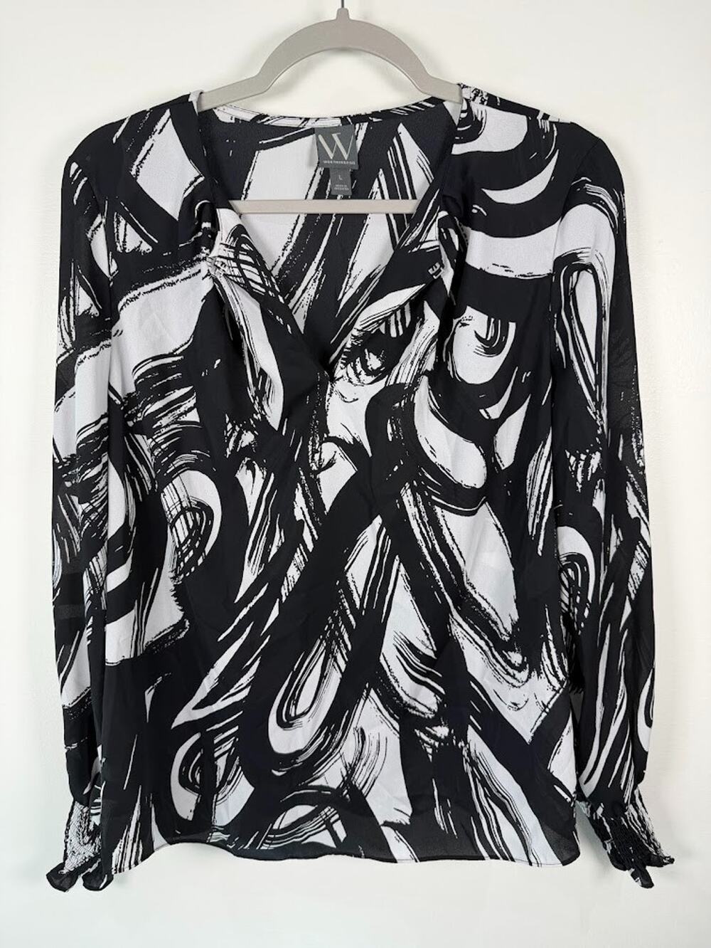 Worthington Womens Long Sleeve Surplice V-Neck Blouse L Black White Abstract